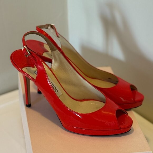 Jimmy Choo 133Nova Red Patent - Peep Toe - Size 8.5 - Picture 1 of 4